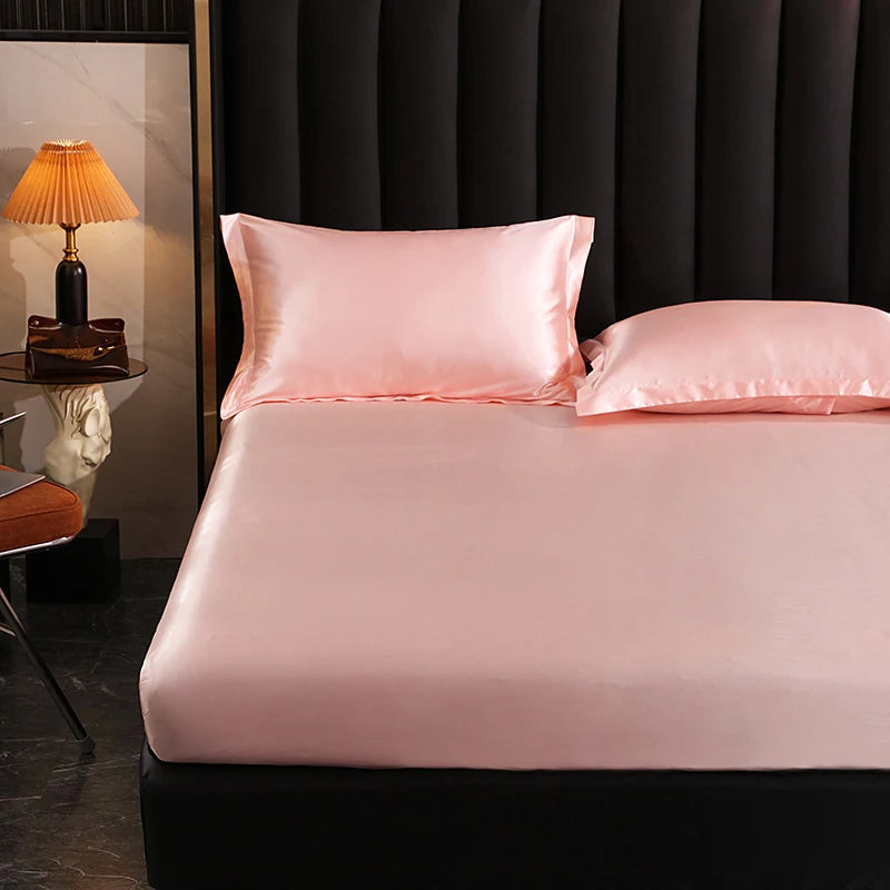 Drap housse en satin rose - 180x200x25cm