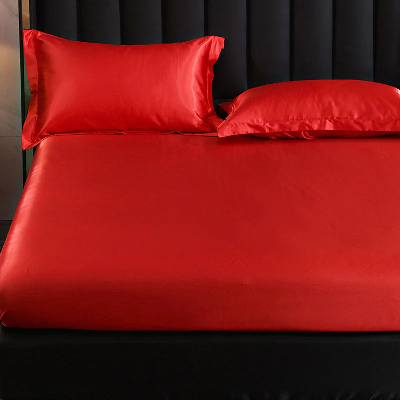 Drap housse en satin rouge - Taie d’oreiller 48x74cmx2