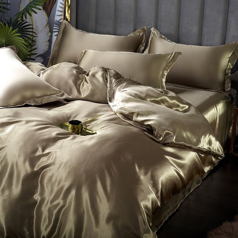 gold-colored silk bedding set